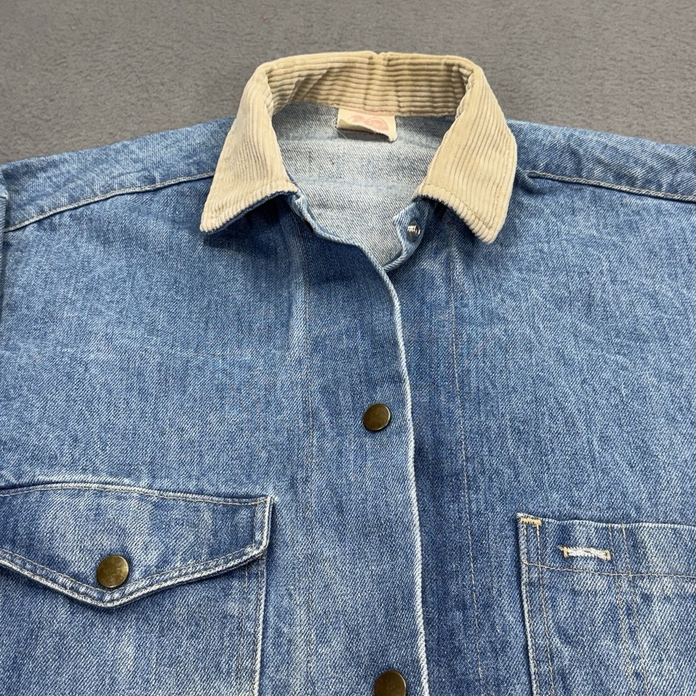 Vtg 80s Denim Chore Coat Sz L Stuffed Shirt Denim Corduroy Collar‎ Barn Jacket - Picture 3 of 13